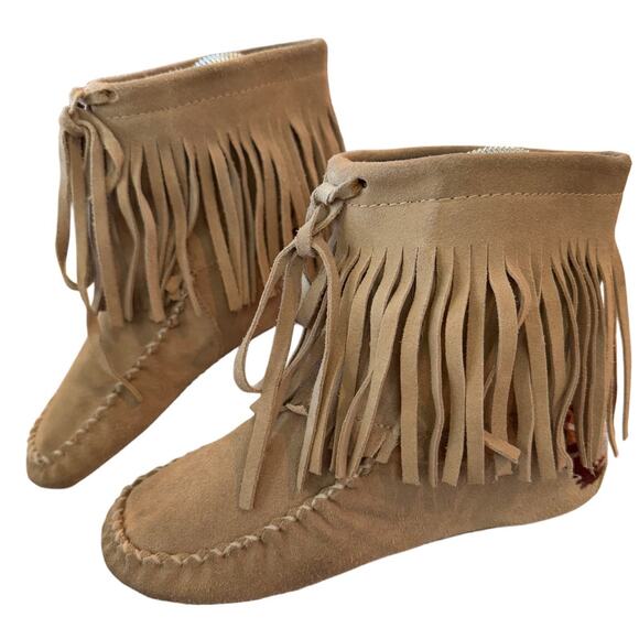 VTG Y2K Aldo Skagen Suede Fringe Moccasin Embroidered Booties Boho Festival Fall - Picture 3 of 11